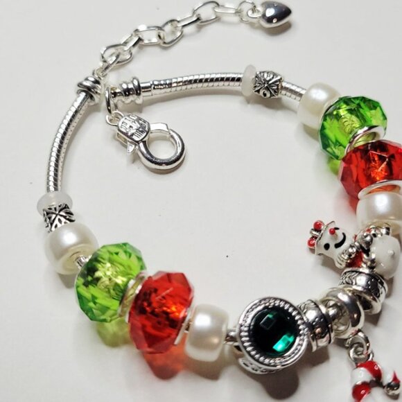 NWT Pandora Style Charm Bracelet Christmas Candy Cane Charm Snowman Red Green - Picture 4 of 7